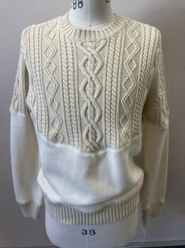 B, Cream, Cotton, Polyester, Solid, L/S, CN, Cable Knit Upper Body, Poly-fleece Lower Body, Ribbed Cuffs & Hem