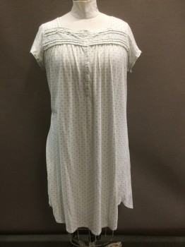 Womens, Nightgown, VILLAGER, Mint Green, Purple, Cotton, Polyester, Polka Dots, Dots, XL, S/S, 1/2 Button Front, Horizontal Pleats Across Chest, Scallopped Satin Trim, Square Neck, Slight Discoloration Left Shoulder