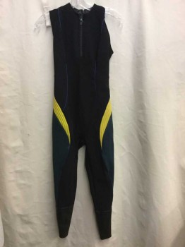 Womens, Sci-Fi/Fantasy Jumpsuit, N/L, Black, Dk Green, Yellow, Royal Blue, Neoprene, Color Blocking, XS, Sleeveless, Zip At Neck, Textured Dark Green Panel At Outer Legs & Bum, Yellow Ribbed Pleather Band At Center Back Waist To Hips, Blue Piping At Princess Seams & Outer Leg Seams