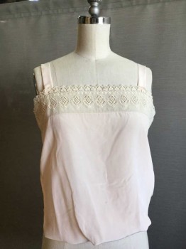 Womens, Camisole 1890s-1910s, M.T.O., Peach Orange, Cream, Polyester, Rayon, B32, Light Peach Silky Polyester with Cream Lace Trim At Front and Back with Square Neckline. Light Peach Shoulder Straps, Elasticated Waist