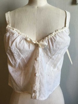 Womens, Camisole 1890s-1910s, Ivory White, Cotton, Lace, Floral, B32, Button Front, V-neck, Self Tie Ribbon Neck, Lace Trim, Delicate Floral Print with Open Work, Great Condition