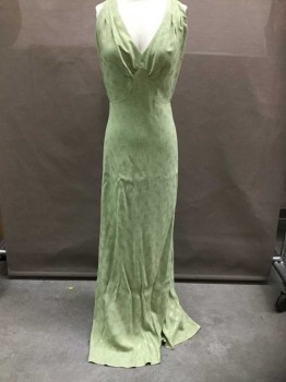 Womens, Evening Gown, N/L, Lime Green, Gold, Metallic, Silk, Abstract , W26, B34, Gold Metallic Dotted Pattern, Halter V-neck, Gathered Bust, 2 Columns Of Self Covered Buttons In Back,  Floor Length Hem, Made To Order 1930's Reproduction