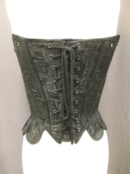 Womens, Historical Fiction Corset, NO LABEL, Black, Floral, W22, Brocaded, Laced Up Both Back And Front, Scalloped Hem, 2 Detachable Shoulder Straps