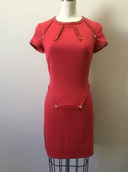 VERSACE, Red, Synthetic, Leather, Solid, Red Fitted Designer Dress. Short Sleeves, Leather Trim at Crew Neck and Sleeve Trim