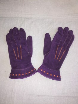 Womens, Gloves 1890s-1910s, NL, Purple, Brown, Suede, Solid, Purple, Brown Embroidery Detail,
