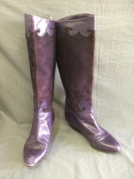 Womens, Boots, N/L, Purple, Plum Purple, Leather, Solid, 6.5, Knee High, Plum Cowhide W/purple Smooth Leather Top Trim & Pointy Toe,