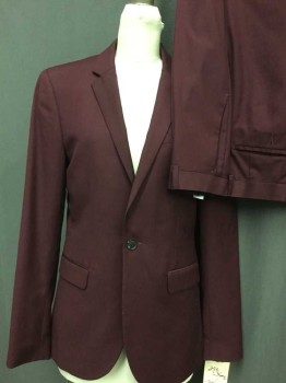TOP MAN, Red Burgundy, Polyester, Viscose, Solid, Single Breasted, 1 Button, Notched Lapel, 3 Pockets,