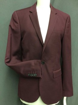 TOP MAN, Red Burgundy, Polyester, Viscose, Solid, Single Breasted, 1 Button, Notched Lapel, 3 Pockets,