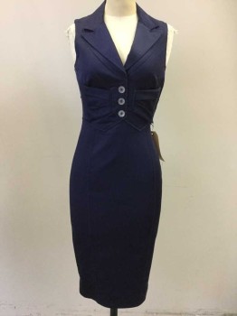 KAREN MILLEN, Navy Blue, Cotton, Synthetic, Notched/peak Collar, 3 Buttons with Large Bow On Waist, Sleeveless