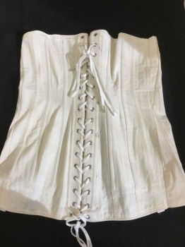 Womens, Corset 1890s-1910s, PERIOD CORSETS, Cream, White, Cotton, Solid, Herringbone, H 38+, W 32+, Cream Coutil, Front Busk Opening with Drawstring, Lace Up Center Back, Power Net at Hips, Able to Attach Garters If Details