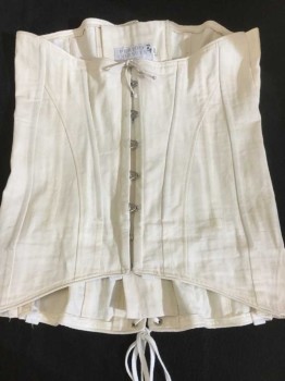 Womens, Corset 1890s-1910s, PERIOD CORSETS, Cream, White, Cotton, Solid, Herringbone, H 38+, W 32+, Cream Coutil, Front Busk Opening with Drawstring, Lace Up Center Back, Power Net at Hips, Able to Attach Garters If Details