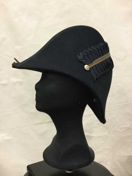 Unisex, Historical Fiction Headpiece, Black, Wool, Rayon, Solid, Bicorn Hat Boys Or Small Head. Blocked Wool Felt With Grosgrain Ribbon Trim And Gold Ribbon Strip  See Photo
