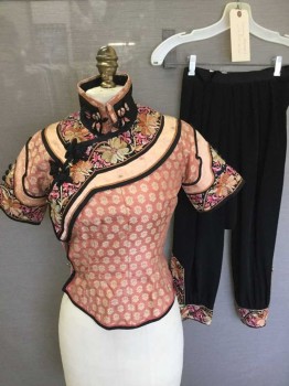 Womens, Historical Fiction Bottom, MTO, Black, Peach Orange, Pink, Beige, Polyester, Silk, Floral, W22, XS, 2 Piece, Solid Black Body, Floral Embroidery At Hem, 11 Buttons At Hem