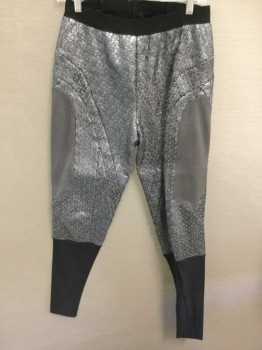 NO LABEL, Silver, Black, Abstract , Pebbled Leather, Back Zipper, Elastic Waistband, Black Spandex From Knee To Hem, Textured Gray Geometric Side Panels