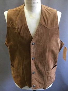 Mens, Leather Vest, CRIPPLE CREEK, Tobacco Brown, Suede, Solid, XL, Western Yoke, Snap Front, 2 Pockets,