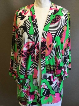 MELISA MCCARTHY, Green, Pink, Orange, Black, Off White, Polyester, Abstract , Green, Pink, Orange, Black, Off White Large Abstract Print, Open Front,Gathered Elastic Back, Short Sleeves,
