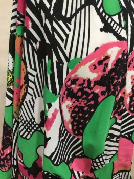 MELISA MCCARTHY, Green, Pink, Orange, Black, Off White, Polyester, Abstract , Green, Pink, Orange, Black, Off White Large Abstract Print, Open Front,Gathered Elastic Back, Short Sleeves,