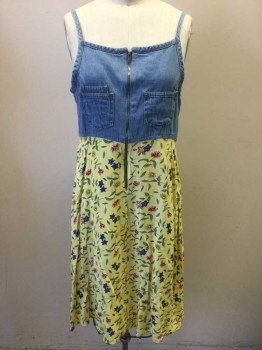 Childrens, Dress, GIRL TRIBE, Denim Blue, Lt Yellow, Multi-color, Cotton, Rayon, Floral, 14/16, Girls, Top Half/Torso is Medium-Light Denim, Spaghetti Strap, Bottom Half/Skirt is Light Yellow with Sage/Burgundy/Navy/Yellow Floral Pattern, Empire/High Waist, Zip Front, 3 Pockets at Chest, 1990's