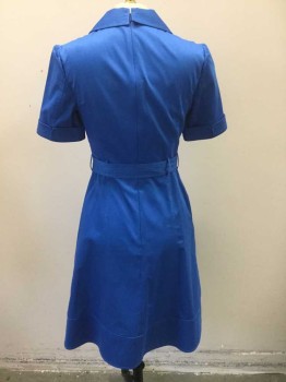 KAREN MILLEN, Blue, Cotton, Spandex, Solid, Short Sleeves, Wide Rounded Notch Collar, Wrapped V-neck, Cuffed Sleeves with 5 Rows of Top Stitching, A-Line Skirt, Hem Below Knee, Belt Loops, Retro Look, **2 Piece: Has 1.5" Wide Self Sash Belt with Top Stitching (Like Cuffs)