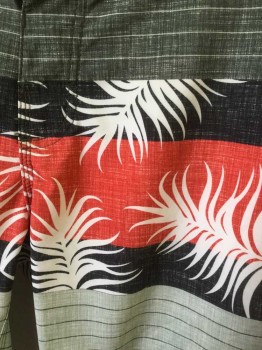 VAL SURF, Gray, Black, Red, White, Polyester, Spandex, Tropical , Stripes - Horizontal , Board Shorts, Gray with Light Gray Stripes for Top 5.5", Middle Panel is Red/Black/White Tropical Palm Fronds, Bottom is Light Gray with Dark Gray Stripes, Black Cord Ties at Waist, 9.5" Inseam