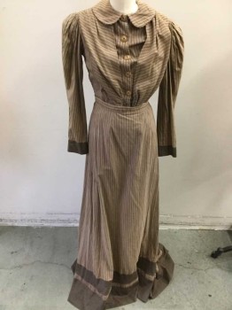 Womens, Dress, Piece 1, 1890s-1910s, MTO, Coffee Brown, Faded Black, Cotton, Stripes, W32, B34, Long Sleeves, Button Front, Peter Pan Collar with Rick Rack, Plastic Buttons, Brown Collar,