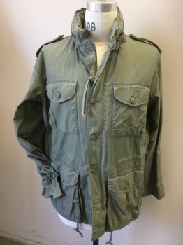 ROTHCO, Lt Olive Grn, Cotton, Solid, Slate Olive, Collar Attached W/hood Inside Zipper, 4 Pockets W/flap, Zip and Button Front, Epaulettes, Long Sleeves W/short Velcro Belt, Drawstring, Waist and Drawstring Hem with Elastic Back,