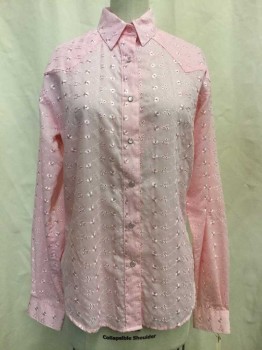 Womens, Shirt, WHITE HORSE, Pink, Cotton, Polyester, Floral, S, Pink, Eyelet Lace, Snap Front, Collar Attached, Long Sleeves,