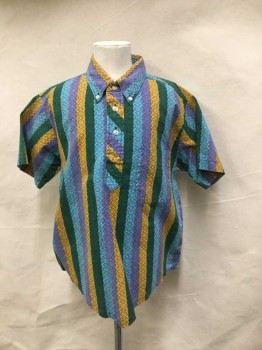 SEDGEFIELD, Purple, Green, Yellow, Aqua Blue, Black, Cotton, Stripes, Novelty Pattern, Colorful Stripe with Black Swirl Print Overlay, 1/4 Button Front Placket, 3 Buttons, Collar Attached, Button Down Collar, Short Sleeves