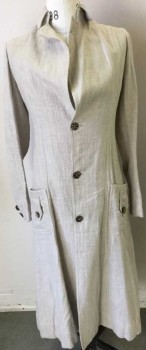 Mens, Coat, N/L, Lt Khaki Brn, Cotton, Linen, Herringbone, 38, Herringbone Weave, 3 Button Front, Stand Collar, 2 Patch Pockets, See Photo Attached,
