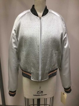 Silver, Black, Taupe, Polyester, Nylon, Solid, Zip Front, Raglan Sleeves,  Ribbed Knit Cuffs,  Textured Fabric, Satin Fabric, Welt Pocket,