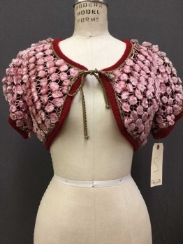 Womens, Historical Fiction Jacket, MTO, Cranberry Red, Lt Pink, Gold, Silk, Rayon, Polka Dots, S, Short Sleeve,  Cropped, Round Neck,  Tie Close, Knit Trim And Gold Braid Applique,