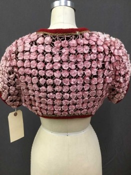Womens, Historical Fiction Jacket, MTO, Cranberry Red, Lt Pink, Gold, Silk, Rayon, Polka Dots, S, Short Sleeve,  Cropped, Round Neck,  Tie Close, Knit Trim And Gold Braid Applique,