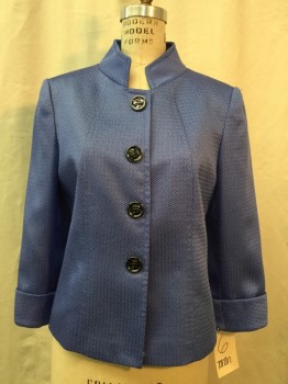 TAHARI, Periwinkle Blue, Polyester, Rayon, Solid, Snap Front with Faux Buttons, Stand Collar, Cuffed Long Sleeves, Loose Weave