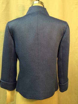 TAHARI, Periwinkle Blue, Polyester, Rayon, Solid, Snap Front with Faux Buttons, Stand Collar, Cuffed Long Sleeves, Loose Weave