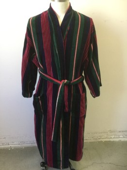 NORM THOMPSON, Multi-color, Cotton, Navy/Forest Green/Red/Black/White Vertical Stripes of Varying Widths, Terry Cloth, L/S, 2 Patch Pockets, Belt Loops, **2 Piece with Matching Self Fabric Sash BELT