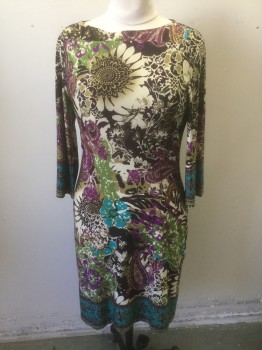 BEIGE, Dk Brown, Beige, Purple, Turquoise Blue, Olive Green, Polyester, Spandex, Abstract , Floral, Abstract Floral/Paisley Pattern, Stretchy Material, Long Sleeves, Shift Dress, Bateau/Boat Neck, Knee Length