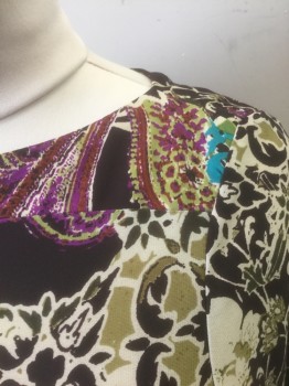 BEIGE, Dk Brown, Beige, Purple, Turquoise Blue, Olive Green, Polyester, Spandex, Abstract , Floral, Abstract Floral/Paisley Pattern, Stretchy Material, Long Sleeves, Shift Dress, Bateau/Boat Neck, Knee Length