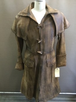 Mens, Coat, FOX 1204, Brown, Leather, 42, Aged/Distressed,  3 Barrel & Loop Button Front, Collar Attached, Attached Capelet, 2 Pocket, Whip Stitch Detail, Duster