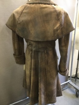 FOX 1204, Brown, Leather, Aged/Distressed,  3 Barrel & Loop Button Front, Collar Attached, Attached Capelet, 2 Pocket, Whip Stitch Detail, Duster