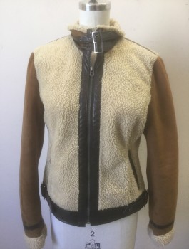 MEMBERS ONLY, Caramel Brown, Beige, Espresso Brown, Polyester, Solid, Faux Shearling, Caramel Faux Suede Sleeves, Beige Plush Torso, Espresso Brown Accents, Zip Front, 2 Straps with Buckles at Neck, No Lining