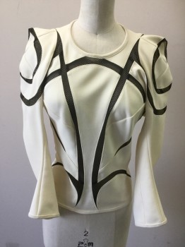 JUNYA WATANABE, White, Black, Polyester, White Stretch Pullover, Multi Panelled, Black Mesh Swirl Inserts, Raglan Long Sleeves with Pointe3d Shoulders with Pleated Indent