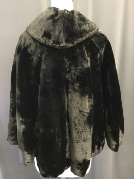 Womens, Cape 1890s-1910s, MTO, Black, Silk, Solid, OS, Black Velvet Capelette, Loop and Buttons Front, Ca, Quilted Lining, Black Lace on Lining, Repaired But Still Very Worn