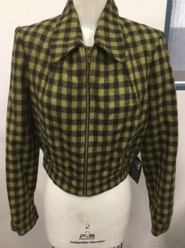 HOUSE OF FOXY, Olive Green, Black, Wool, Plaid - Tattersall, Peaked Collar, Zip Front, Slit Pockets, Elastic Waist, Waist Length, Padded Shoulders