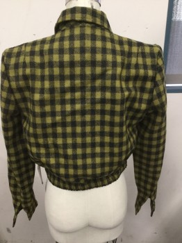 HOUSE OF FOXY, Olive Green, Black, Wool, Plaid - Tattersall, Peaked Collar, Zip Front, Slit Pockets, Elastic Waist, Waist Length, Padded Shoulders