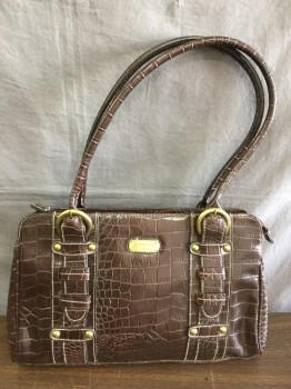 ROSETTI, Dk Brown, Patent Leather, Animal Print, Faux Croc, Zip Closure, Handles, Gold Hardware, Handle Into Faux Buckle, (see FC053675 for Matching Interior Bag)