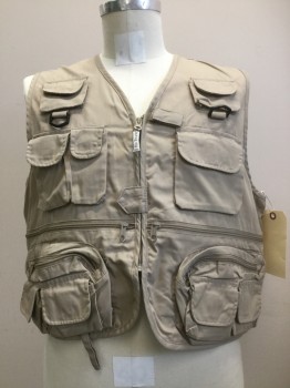 Mens, Wilderness Vest, RIO BRAVO, Tan Brown, Poly/Cotton, Solid, L, Zip Front, 13 Pockets, Large Back Zip Pocket