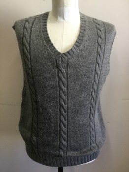 AMERICAN LIVING, Gray, Acrylic, Cotton, Solid, Cable Knit, Ribbed Knit V-neck/Armhole/Waistband