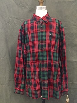 TOMMY HILFIGER, Red, Forest Green, Black, Red Burgundy, Cotton, Plaid, Button Front, Collar Attached, Long Sleeves, 1 Pocket,