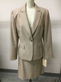 Tahari, Beige, Cream, Polyester, Rayon, Stripes - Pin, 1 Button, Single Breasted, Peaked Lapel, 2 Pockets,