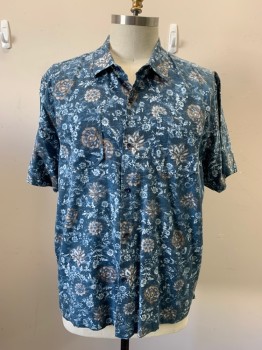 TOMMY BAHAMA, Steel Blue, White, Brown, Tencel, Cotton, Floral, Button Front, Collar Attached, 1 Pocket, Short Sleeves